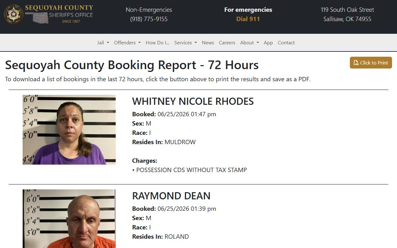 Sequoyah County jail mugshots 72 hour booking report