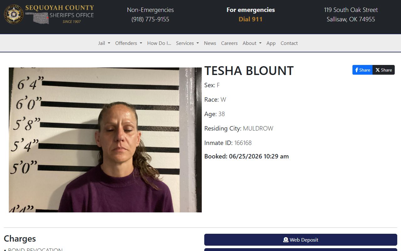 Sequoyah County Jail inmate profile with booking photo and charges