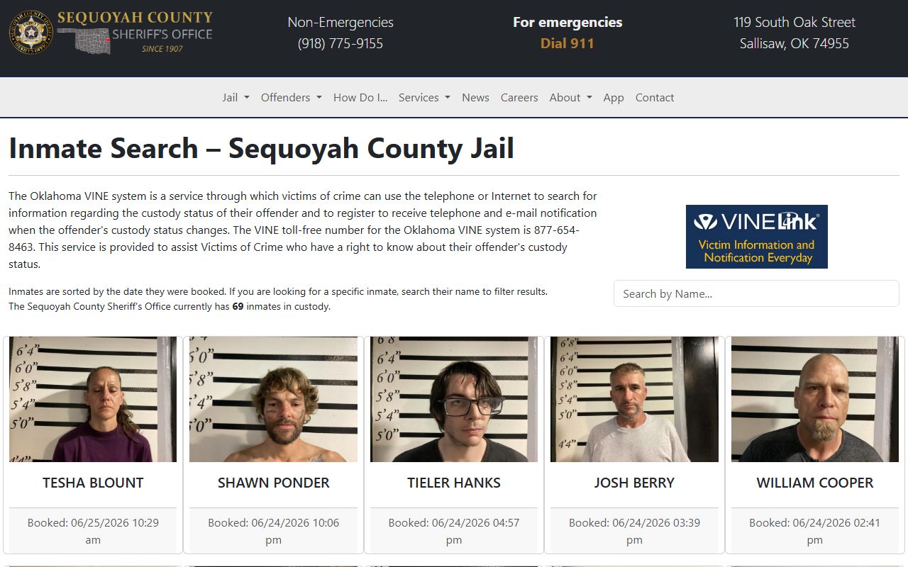 Sequoyah County inmate roster search with current jail booking cards