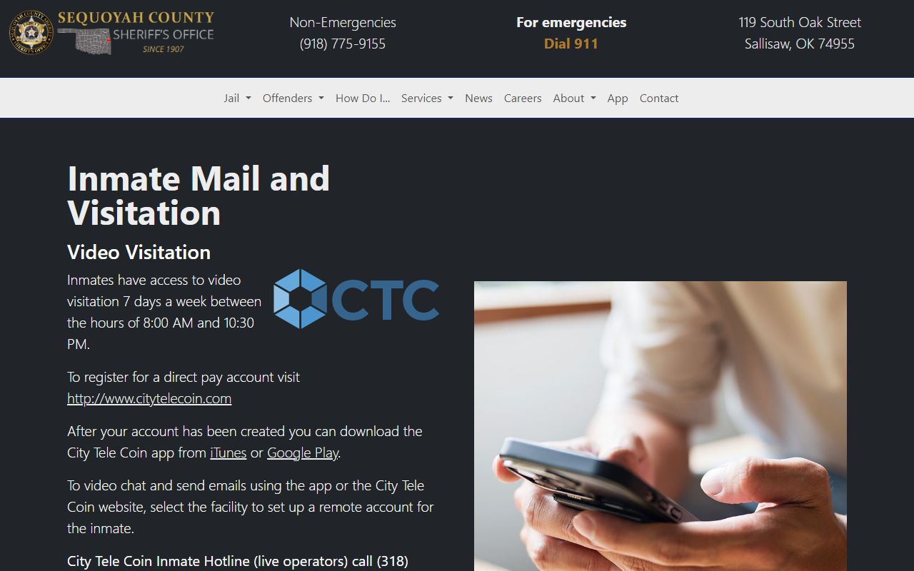 Sequoyah County jail visitation and mail rules for inmate population services